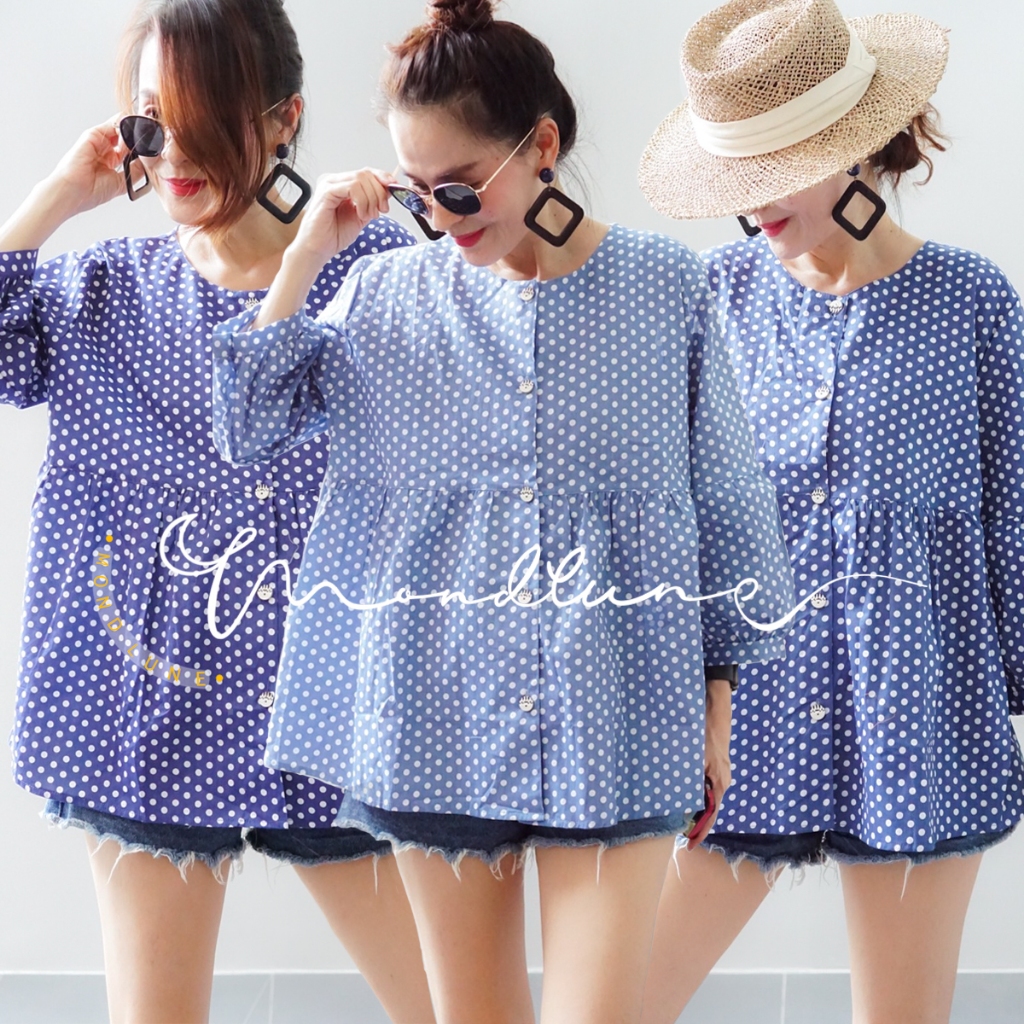 #3342 MondLune เสื้อเบลาส์คอกลม กระดุมผ่าหน้า แต่งระบายเอว แขนพอง บอลลูน ผ้ายีนส์เทียมลายจุด