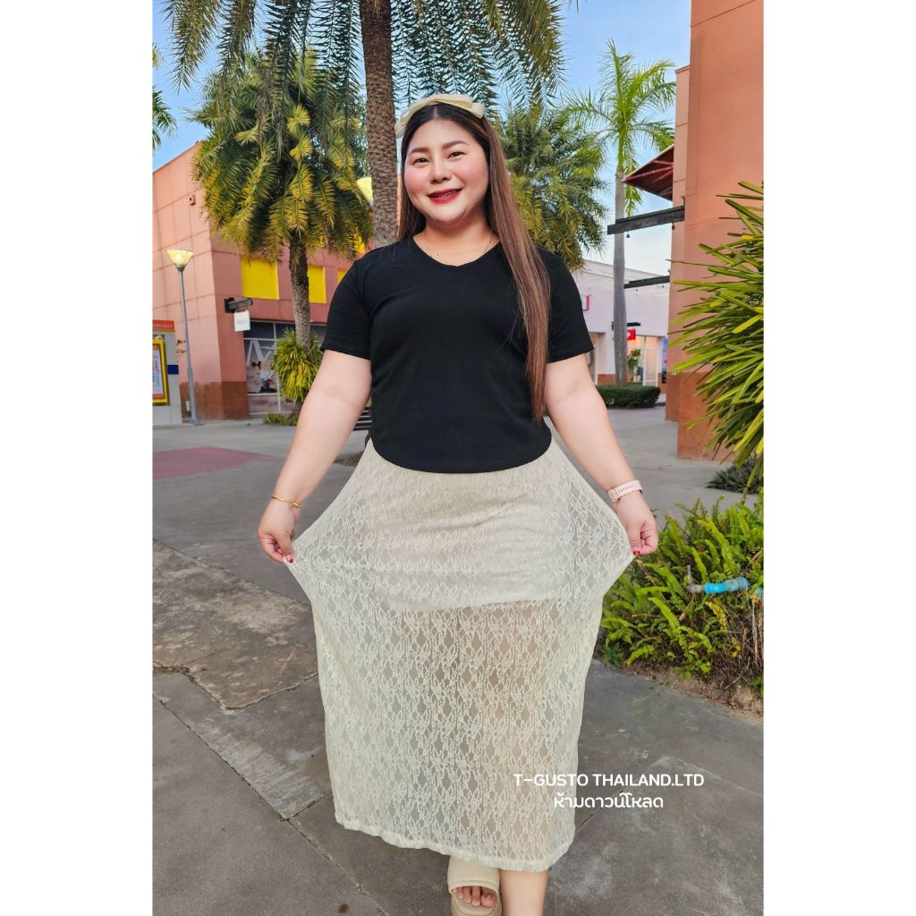 A19 กระโปรงทรงเอยาวสาวอวบพลัสไซส์ - ผ้าลูกไม้นิ่มใส่สบาย เอว 36-48 สพ.44-56 ยาว32