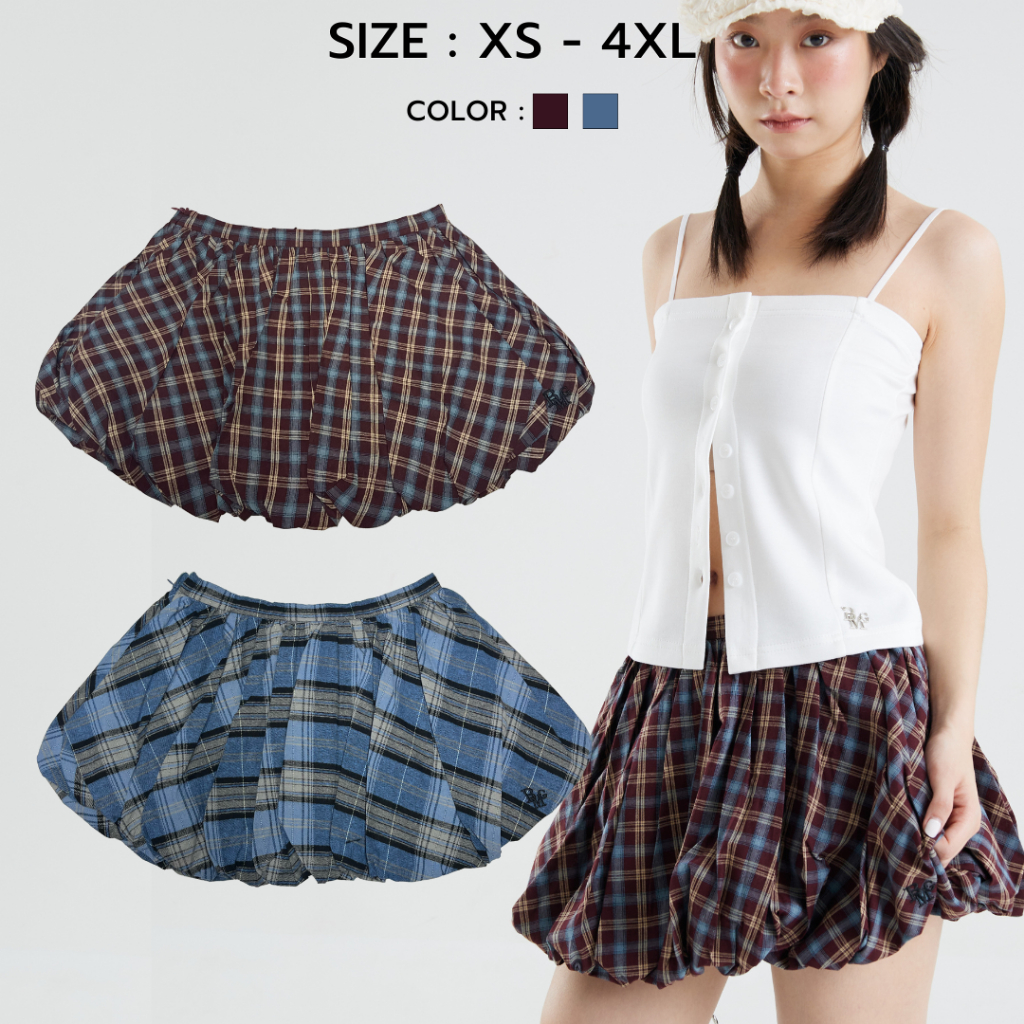 Bemingskirt048(XS-4XL) - Check Balloon Skirt กระโปรงบอลลูนลายสก๊อต โดดเด่นด้วยเนื้อผ้าสไตล์วินเทจ