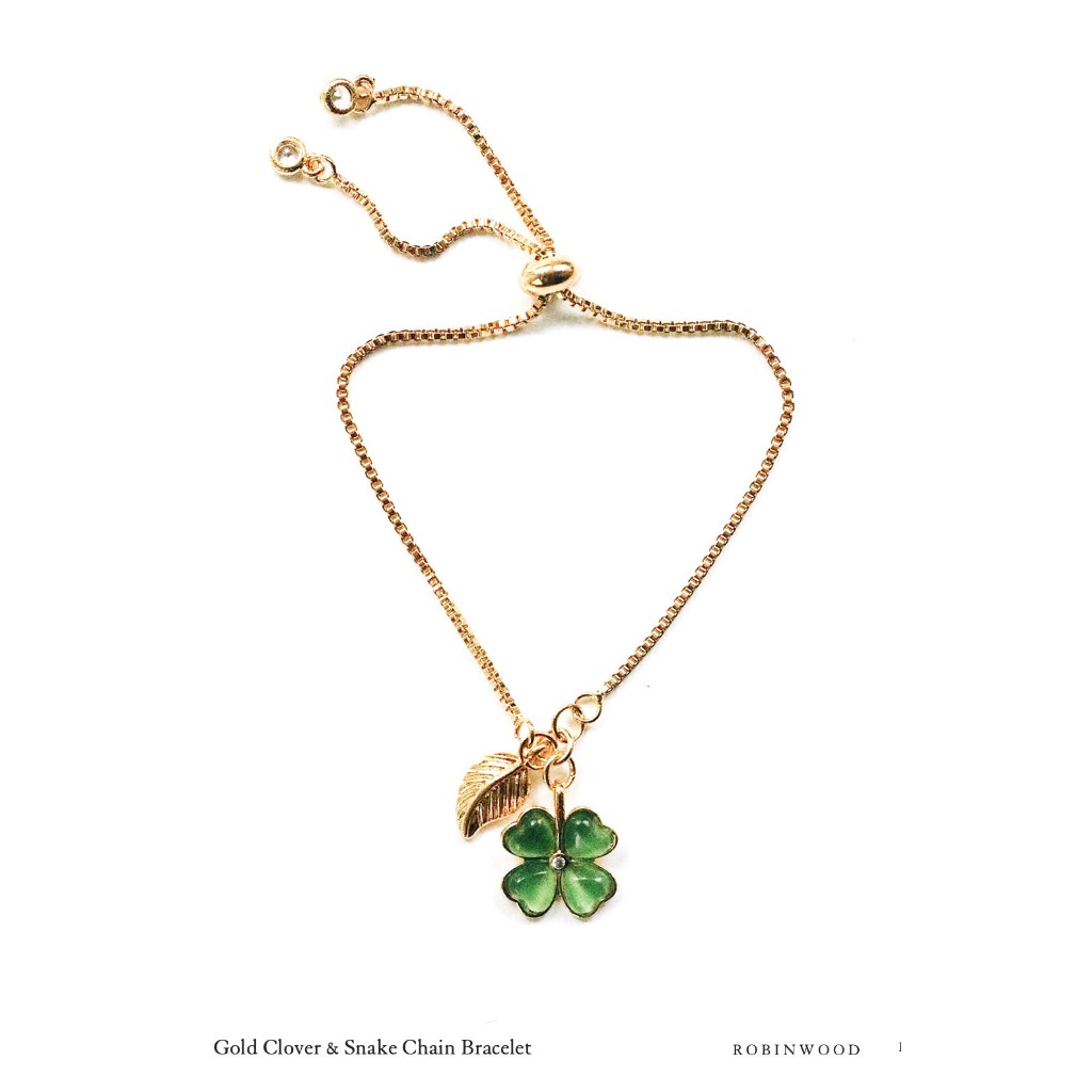สร้อยข้อมือ GREEN QUARTZ CLOVER GOLD SNAKE CHAIN, ADJUSTABLE SIZE