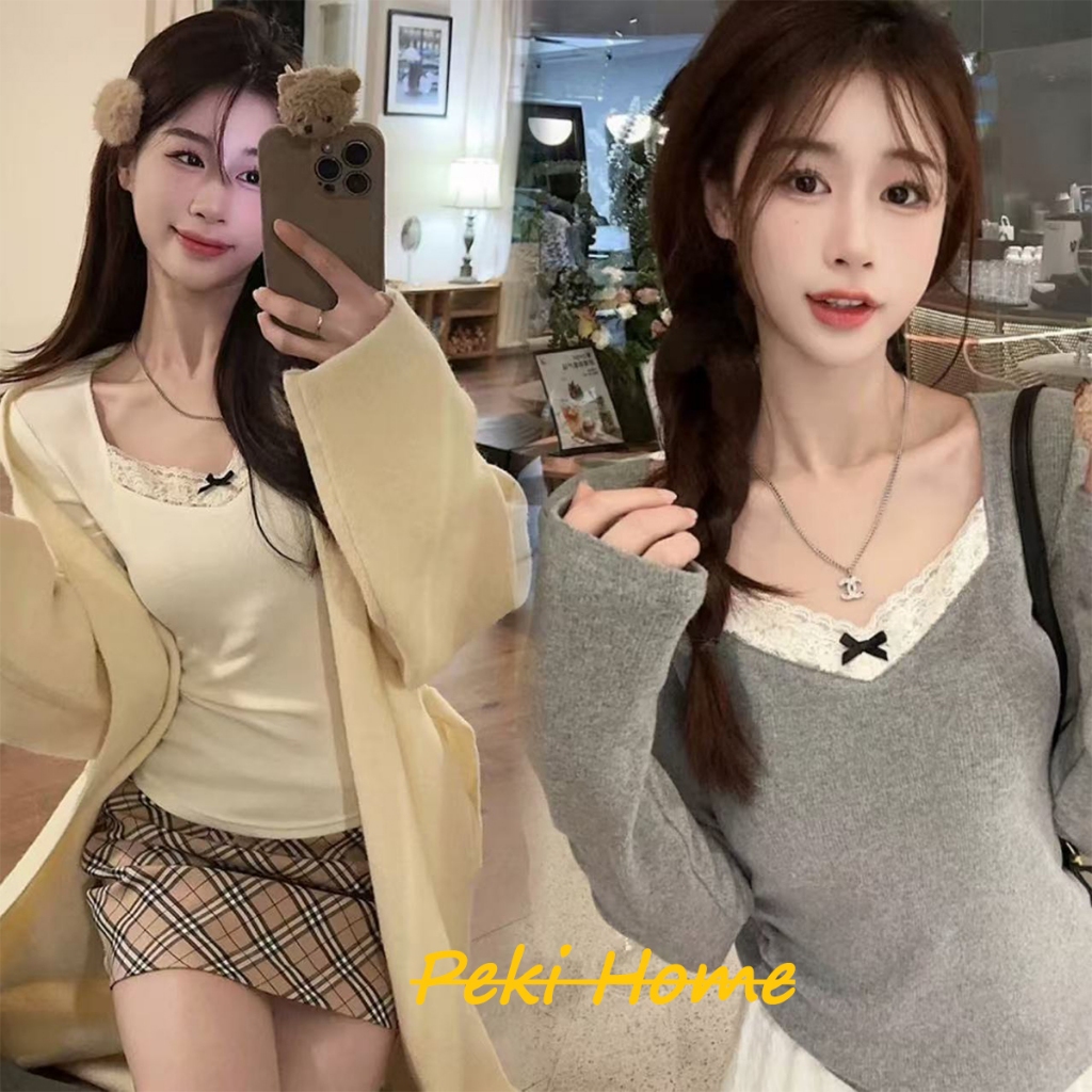 เสื้อยืดคอกว้างผ้าลูกไม้ แขนยาว ผสมโบว์ สไตล์เกาหลี