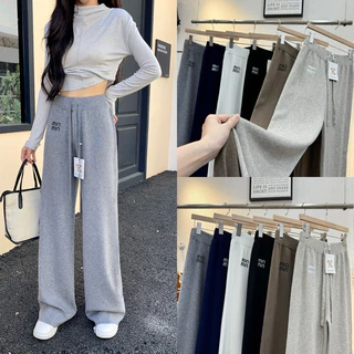 Gang_jeans#8011(K)กางเกงขายาวทรงกระบอก ผ้าไหมพรมเชือกหน้า เอวยางยืด ผู้หญิง พร้อมส่ง