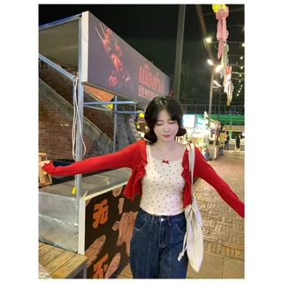 Cicishop(J1620) Set 2 ชิ้น สายเดี่ยว+เสื้อคลุมลายน้องเชอร์รี่ สดใส ซุกซน ขี้เล่น สไตล์เกาหลี