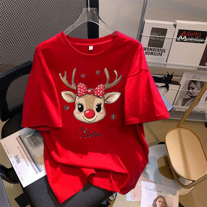 COD (ส่งจากกรุงเทพ)BOOM Shop สีแดงสบาย ๆ ผ้าฝ้ายแขนสั้นคริสมาสต์ธีมเสื้อยืดซานตาคลอสกวางพิมพ์เสื้อ cotton 100#7