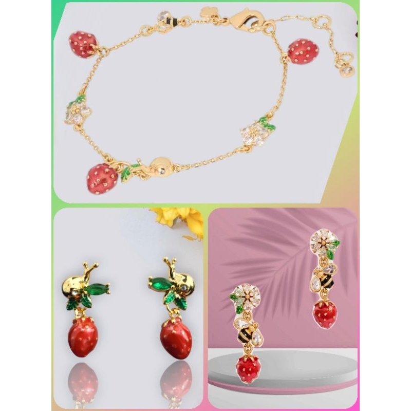 ต่างหู/สร้อยข้อมือ สตรอเบอร์รี่ผึ้ง Strawberry Fields Statement Earrings/bracelet