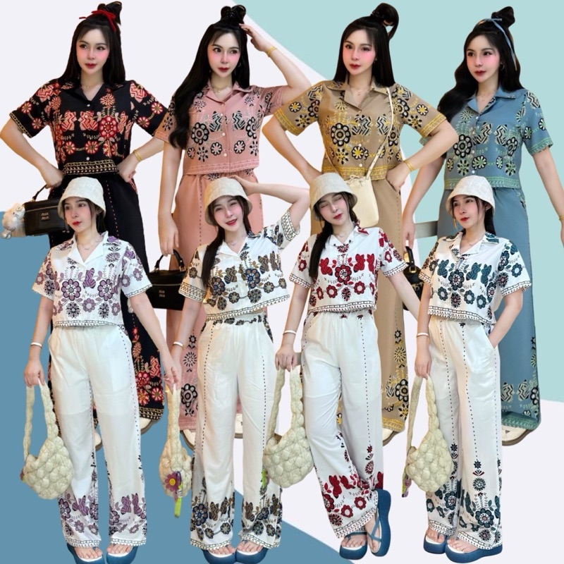 FF15043 ชุดSet2ชิ้นเสื้อเชิ้ตครอปแขนสั้นพิมพ์ลายดอกไม้