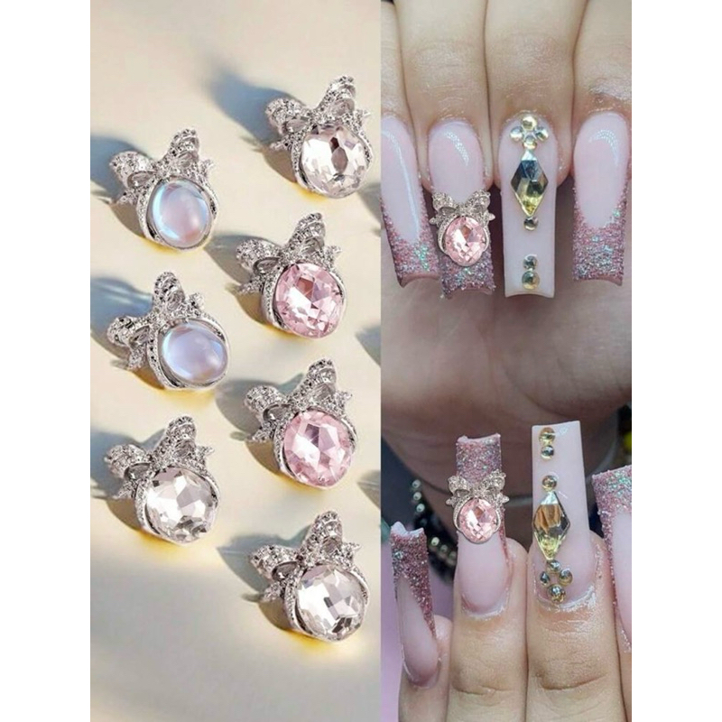 AC.1300 ส่งด่วน🛵‼️ ร้านไทย 🇹🇭🇹🇭🇹🇭 ขายปลีก 1 ชิ้น พร้อมส่ง อะไหล่แต่งเล็บสีเงินรูปโบว์ประดับเพชรแบบห้อยด้านล่าง