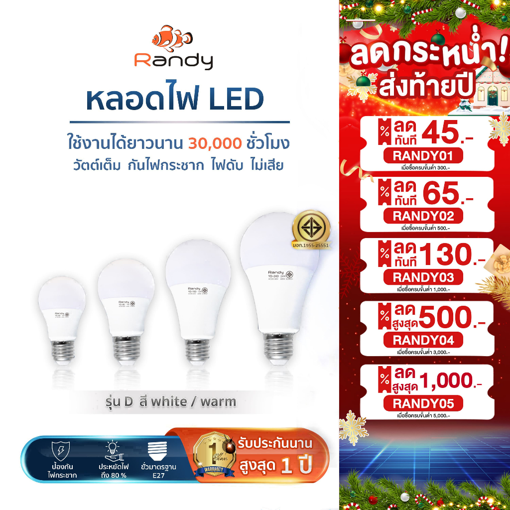 3แถม1 วัตต์เต็ม Randy มอก. หลอดไฟ LED Bulb5W9W15W24W หลอดไฟแอลอีดี ขั้วE27 แอลอีดีหลอดประหยัดไฟ แทนที่หลอดตะเกียบ