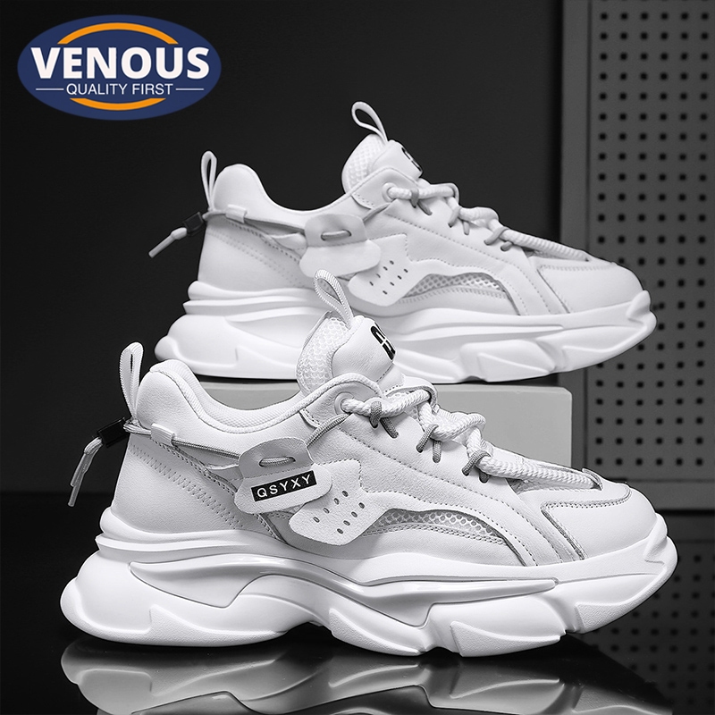 【Venous】2025 รองเท้าผ้าใบสีขาวหนาสำหรับผู้ชาย รองเท้าผ้าใบแบบเป็นกันเองสำหรับผู้ชาย รองเท้ากีฬายางสำหรับผู้ชาย