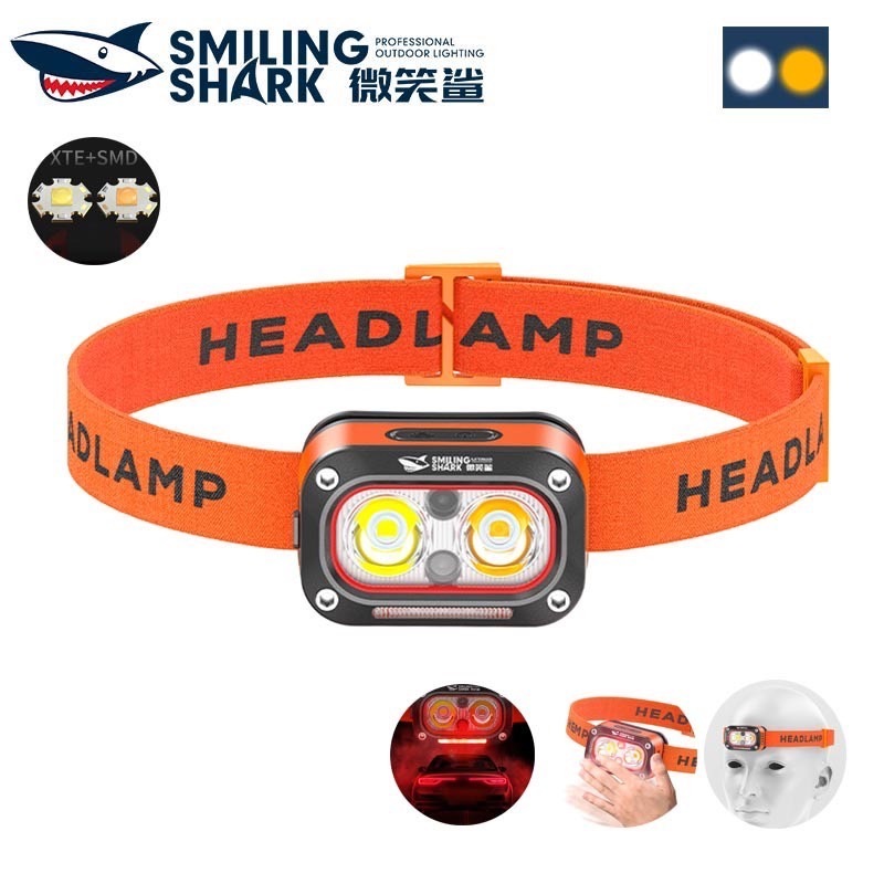 SmilingShark TD0197 ไฟฉายคาดหัว LED เซนเซอร์ ไฟหน้า LED XPE+SMD ซุปเปอร์ไบรท์ แสงสีขาว/เหลือง/แดง 5โหมด Type-C ชาร์จใหม่