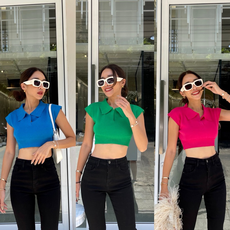 Aura crop top❣️เสื้อครอปผ้า Knit คอโปโลแขนตั้งจั้มช่วงเอว ทรงน่ารักแบบเกาสุดๆ