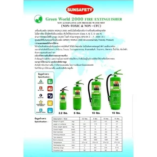 SUNSAFETY ถังดับเพลิงถังสีเขียว Low Pressure Water Mist ชนิด GREEN WORLD 2000 (NON CFC) ขนาด 10 ปอนด์