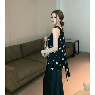 เสื้อคอปีนแขนกุด ลายจุด สีพื้น มีสายผูกด้านหลัง หรูหรา ทรงปล่อยสวมใส่สบายตัว แมทซ์ได้หลายลุค #0220