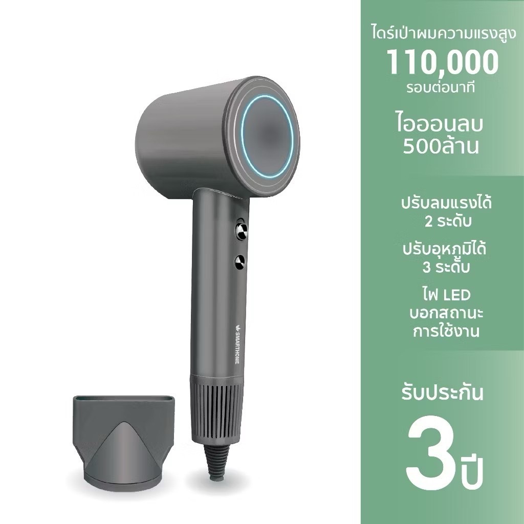 SMARTHOME สมาร์ทโฮม Hair Dryer 1600วัตต์ ไดร์เป่าผม ไดร์เป่าผมความแรงสูง มีไอออนลบ ลดผมชี้ฟู แห้งเร็