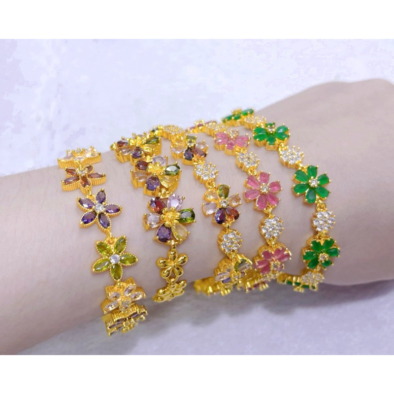 ข้อมือเพชรนพเก้า ลายดอกไม้ เพชรสีประจำวันเกิด พร้อมส่งเครื่องประดับแฟชั่น สีทองสีขาวปูเต็มหลายสี