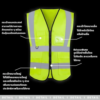chishop เสื้อจราจรสะท้อนแสง 4กระเป๋ามีซิป เสื้อPVC กลางคืนมองเห็นได้ในระยะไกล