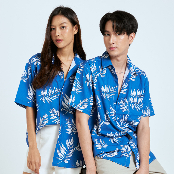 เสื้อเชิ้ตฮาวาย เสื้อฮาวาย ผ้าไหมอิตาลี ลาย บลูใบ เสื้อเชิ้ต proud style