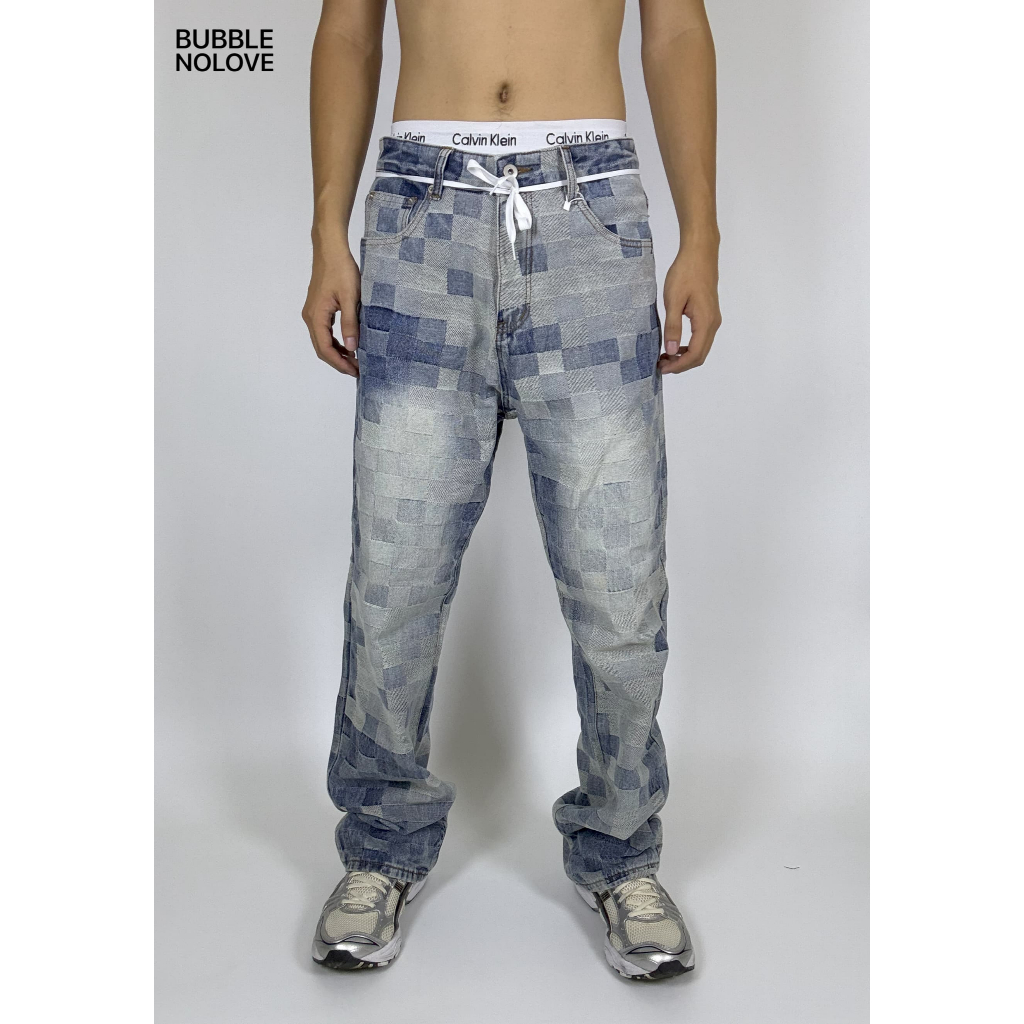 BUBBLENOLOVE24 Checkerboard jeans pantsกระดานหมากรุกยีนส์กางเกงlittle baggy relax fit clean fit