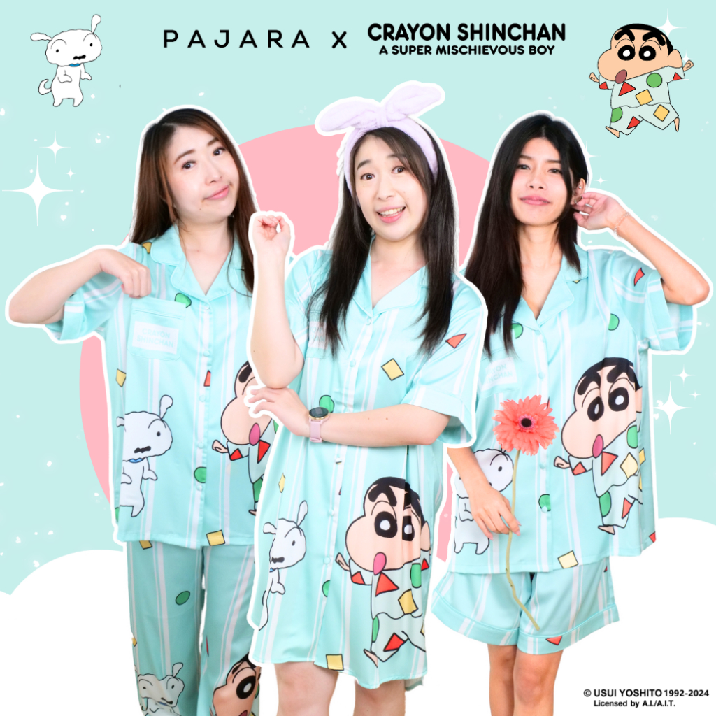 ชุดนอน Pajara Pajamas (SC-THU-0014) ลายชินจังจอมแก่น เนื้อผ้า Special Silk Satin แบรนด์ PAJARA