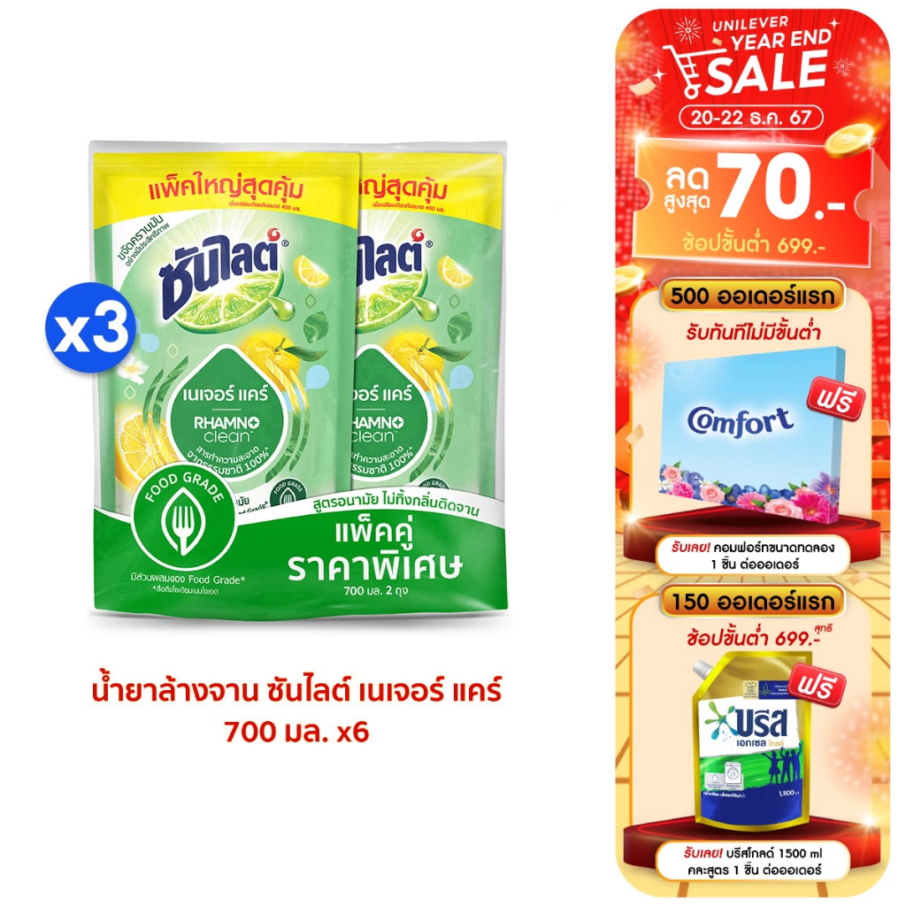 ซันไลต์ พลัส น้ำยาล้างจาน ถุงเติม (1+1) 720 - 750 มล. x3 Sunlight Plus Dishwashing Liquid