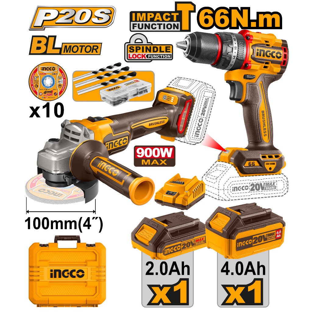 INGCO ชุด combo  สว่านกระแทกไร้สาย 66NM + เครื่องเจียรแบตไร้สาย 4นิ้ว รุ่น CKLI2027310-66NM มอเตอร์ BL MOTOR