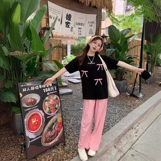 พร้อมส่ง 🎀 เสื้อยืด oversize เสื้อยืดแขนสั้นแฟชั่นผู้หญิง พิมพ์ลายโบว์ลำลองทรงหลวม สไตล์เกาหลี