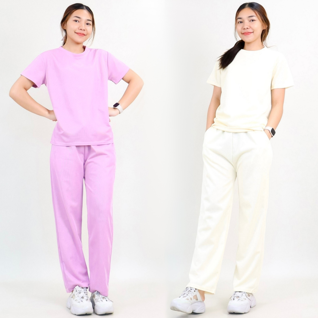 c9605# ชุดเซ็ท ผู้หญิง เสื้อคอกลม แขนสั้น กางเกงขายาว ทรงขากระบอกเล็ก เนื้อผ้าร่อง