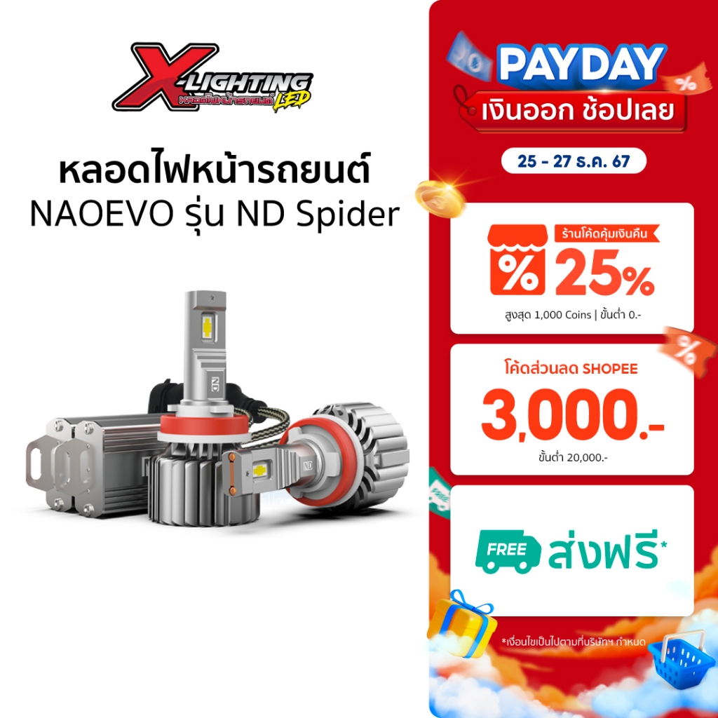1 คู่ หลอดไฟหน้ารถยนต์ LED NAOEVO รับประกัน 2 ปี ขั้ว H4 H7 H11 แสงสีขาว รุ่น ND 140W 17000LM