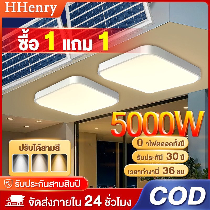ไฟโซล่าเซลล โคมไฟติดเพดาน ไฟพลังงานแสงอาทิตย์ 5000W Solar Light ไฟ LED ทรงสี่เหลี่ยม จะสว่างขึ้นโดยอัตโนมัติเมื่อมืด ชาร