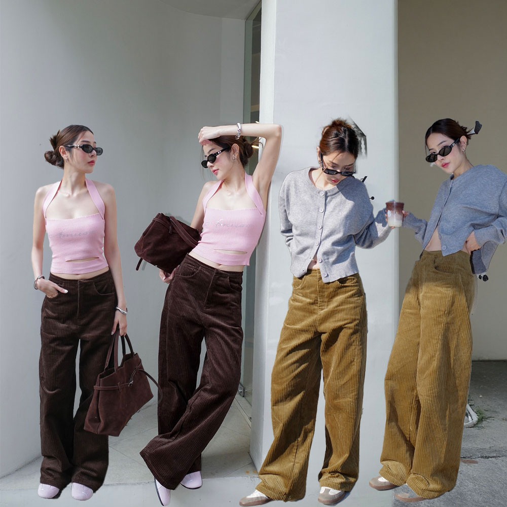 พรีออเดอร์ | กางเกงขายาว ผ้าลูกฟูกเอวต่ำ ทรงสวยมาก | Corduloy Pants | Amuse | Hot Madam