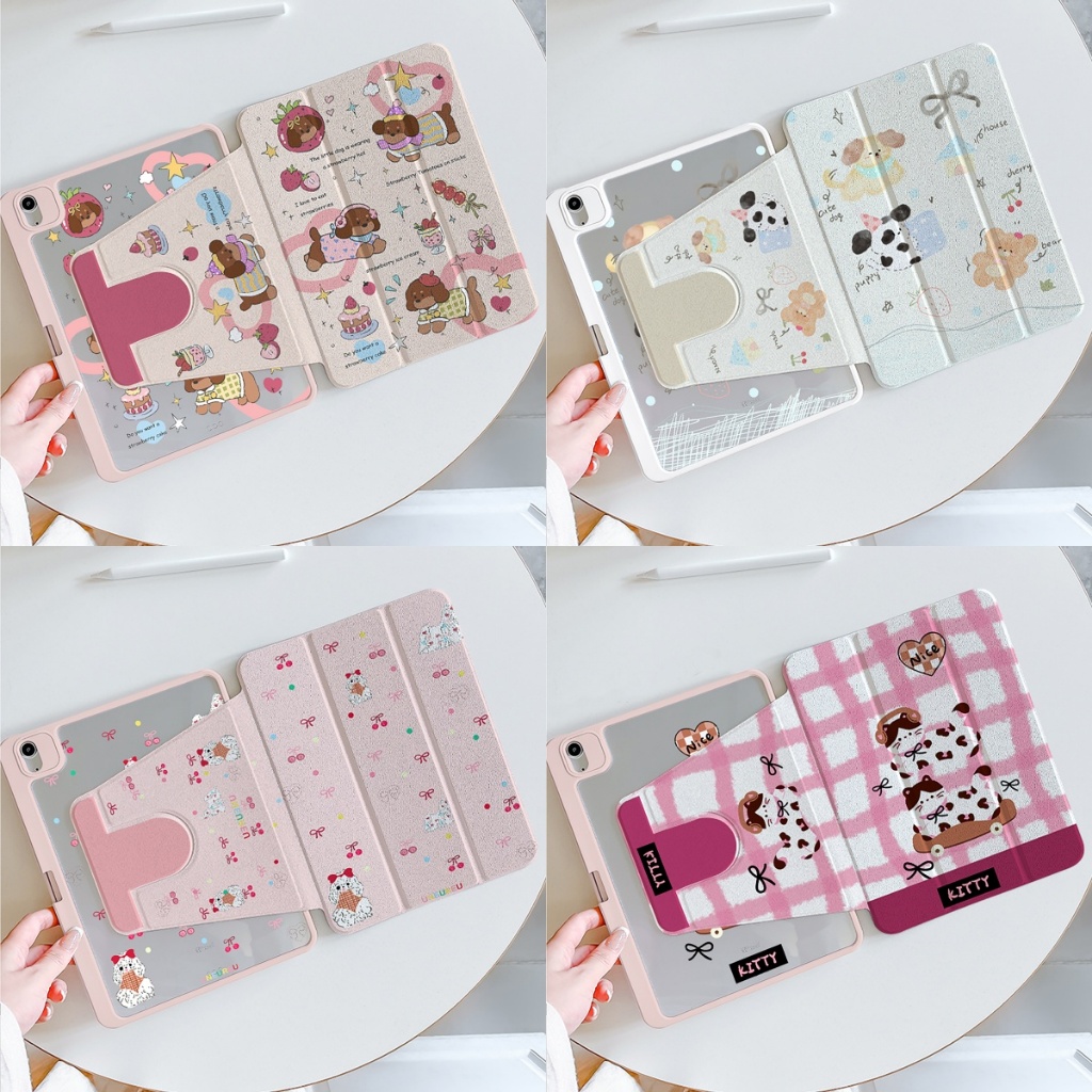 🪐24 ชั่วโมงเคส🪐เคส iPad Gen11 Gen9 Air6 ที่ใส่ปากกา โบว์ริบบิ้นลูกแมวลูกสุนัข เคสiPadหมุน 360° Air7
