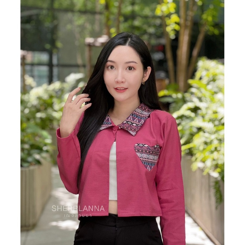 เสื้อคลุมผ้าฝ้ายพื้นเมืองคอปกแต่งลายหัวใจ