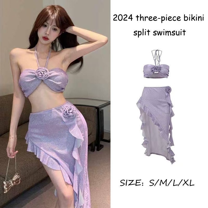 🌸พร้อ​มส่ง🌸ชุดว่ายน้ำกระโปรง ชุดว่ายน้ำ เซ็กซี่ 3ชิ้น เกาะอก ผูกคอ