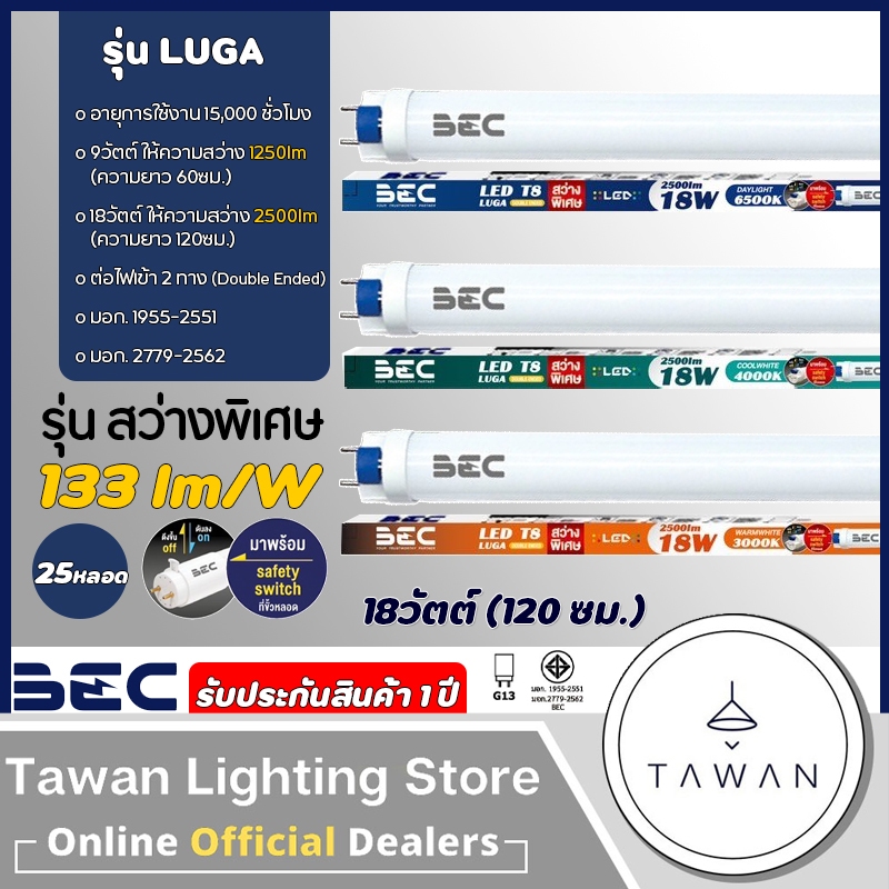 [25หลอด]BEC หลอดไฟนีออนแอลอีดี 18W 40W 120ซม. รุ่น LUGA LED T8 Daylight แสงขาว Coolwhite แสงคูลไวท์ Warmwhite แสงเหลือง