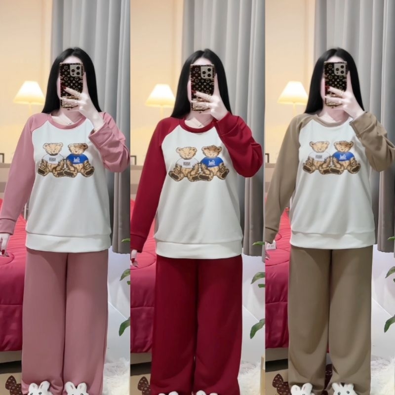 ชุดเซ็ท 2 ชิ้น เสื้อแขนยาวขายาว ลายน้องหมี ทูโทน s m l XL ใส่ได้ อก 40-42 เอว 26 ถึง 36