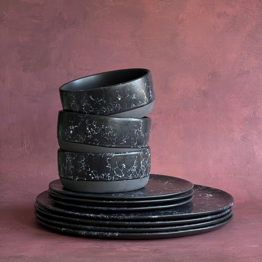 เซ็ตจานชามเซรามิค สีดำ จานสเต็ก จานแบ่ง ชาม - AT1CERAMIC