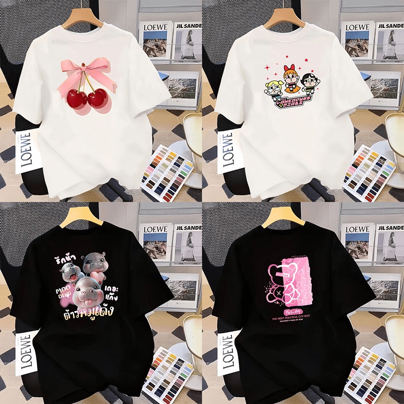 เสื้อยืดแฟชั่นผู้หญิง/เสื้อยืดสีขาว cotton แขนสั้นรอบคอ ทรงหลวมพอดีตัว ใหญ่ เสื้อยืดพิมพ์ลาย ผ้านุ่มสวมใส่สบาย