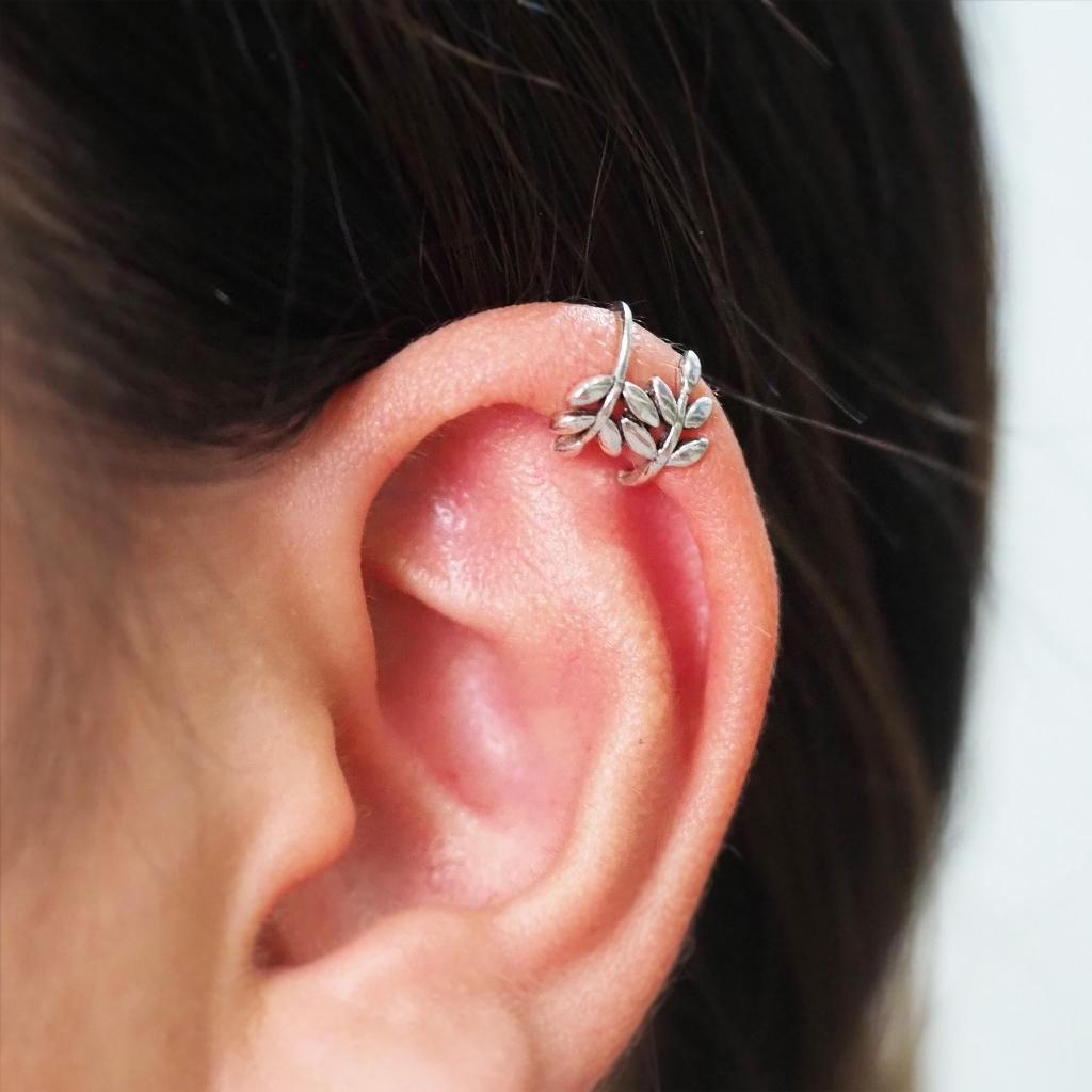 1ชิ้น - ตุ้มหู ต่างหูหนีบเงินแท้ ลายใบมะกอก เถาวัลย์ใบไม้ 92.5% Silver Vine Olive leaf ear cuff / EX5