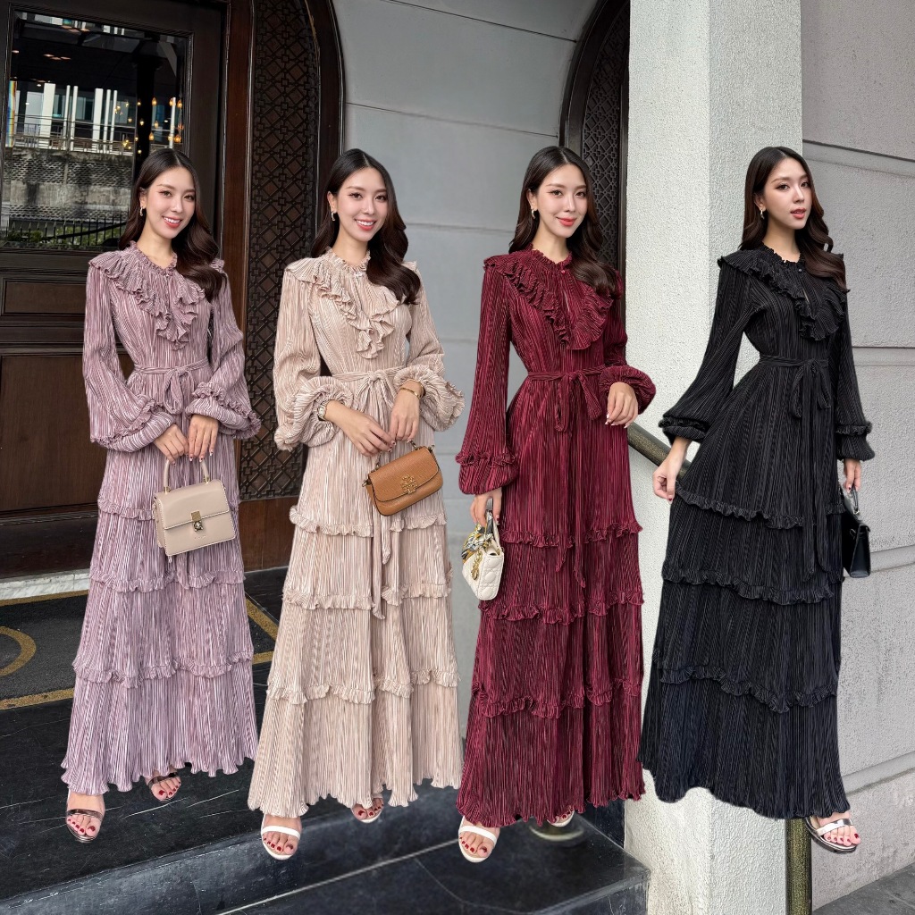NOOZZSHOP 6511433 เดรสยาวผ้าพลีท แขนยาว แถมเชือกผูกเอว