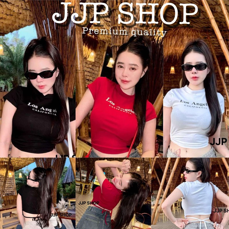 เสื้อครอปเอวลอยผูกหลัง สวย เท่ เฟี้ยสๆ เนื้อผ้ายูนิ พิมพ์ลาย Los Angeles แมทกับอะไรก็ปัง
