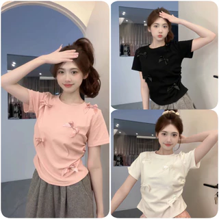 Beryl 🌻 เสื้อยืดคอกลมผูกโบว์สีขาวสำหรับผู้หญิง 🎀 เวอร์ชั่นเกาหลี น่ารัก ขี้เล่น แขนสั้น ลำลอง ผอมเพรียว เสื้อท่อนบน