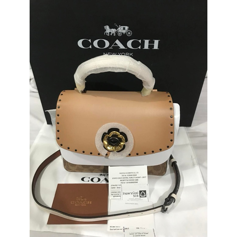 COACH  Pewter Tan Beechwood Signature Parker Logo Top Handle Satchel