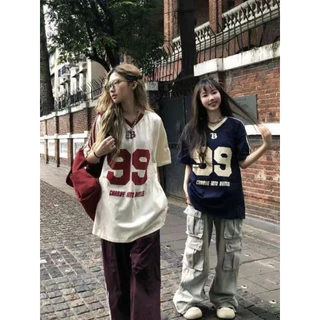 Beryl 🌻 เสื้อยืดแขนสั้นสไตล์อเมริกันสำหรับผู้หญิง สไตล์ฤดูร้อนใหม่ พิมพ์ลายตัดกัน สไตล์สปอร์ต เสื้อตัวหลวม ✨ COOL GRIL