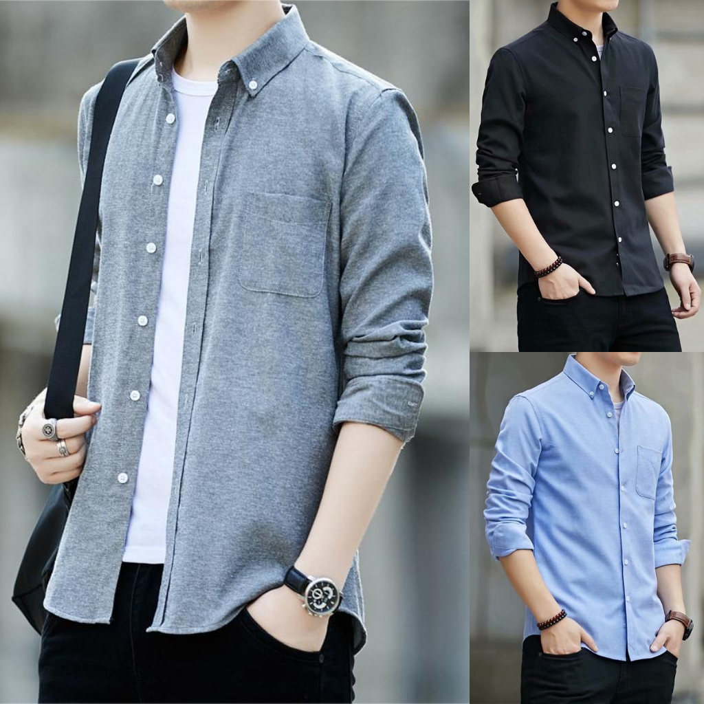 เสื้อเชิ๊ตแขนยาว ผ้า Oxford เสื้อผู้ชาย คอปก สีพื้น เสื้อแฟชั่นเกาหลี ชุดทำงาน ชุดนักศึกษา อก 36-46 นิ้ว