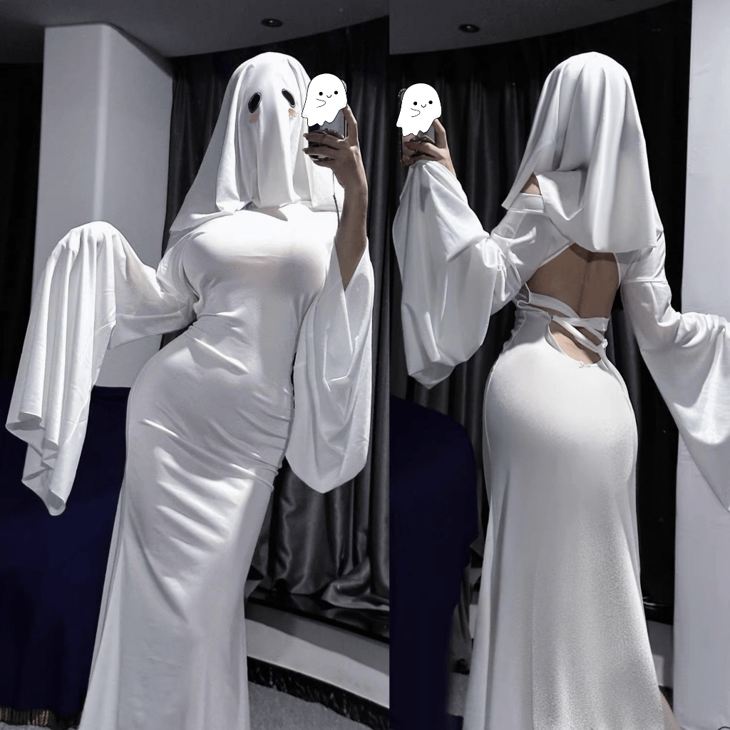TOP SEXY คอสเพลย์เซ็กซี่ ชุดฮาโลวินผู้หญิง ชุดผีแม่ชีเซ็กซี่ 👻 เดรสยาวสีขาว รัดรูป ผ้ายืด T-424