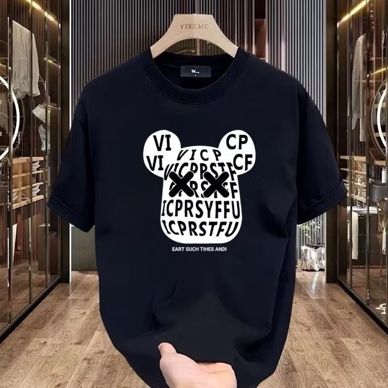 เสื้อยืด oversize เสื้อยืดสีดํา คอกลม การ์ตูน สไตล์อเมริกัน สไตล์เกาหลี เสื้อยืดสีดําชายCE001-59