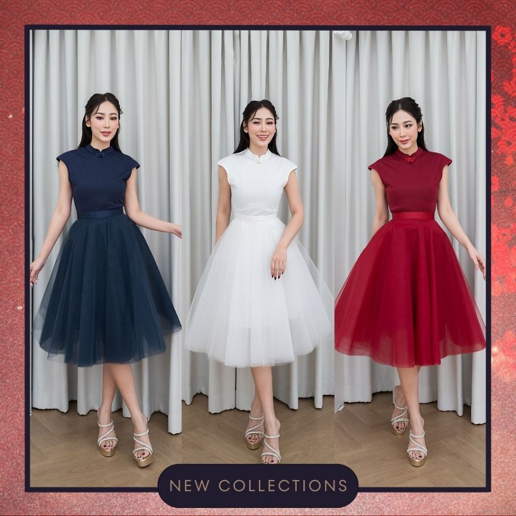 S-XL ชุดเซ็ทออกงาน เสื้อคอจีน + กระโปรงทรง P O E M งานป้าย LUXE ชุดยกน้ำชาผู้หญิง ชุดออกงาน