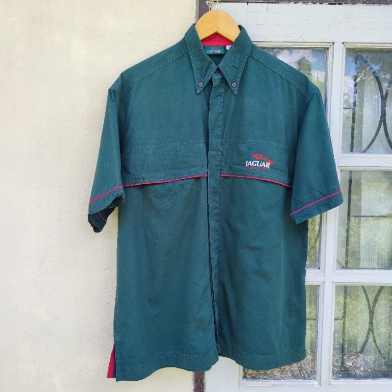 เสื้อเชิ้ตวินเทจ Jaguar Racing Formula 1 Motor Button Up Short Sleeve Shirt