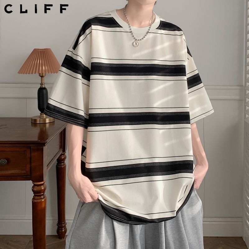 CLIFF ลายทาง ชาย แขนสั้น ฤดูร้อน แบบหลวม เสื้อยืด ลำลอง คอกลม oversize