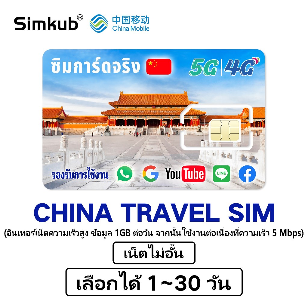 Mainland China SIM ซิมท่องเที่ยวจีน 5G/4G อินเตอร์เน็ตไม่จำกัด เลือกได้ 1-30วัน เครือข่าย CMCC ฟรีเข